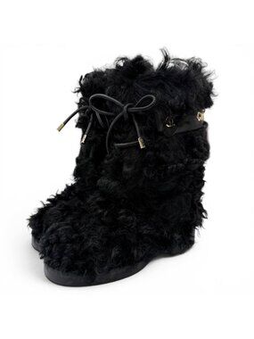 Chanel CC Logo Lamb Fur Leather Short Boots Black Gold